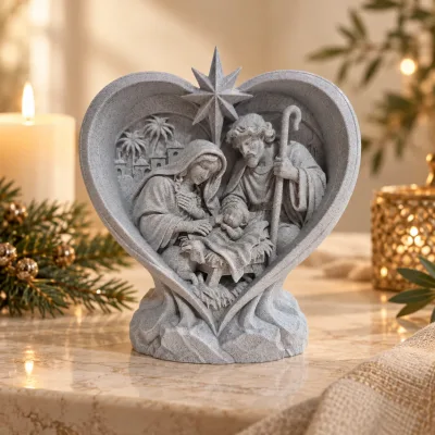 Jaslice Svete Obitelji u srcu – 3D reljef, 18 × 18 cm